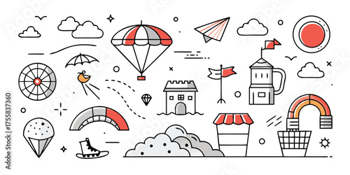 Whimsical doodle collage featuring outdoor adventures and fun activities hand drawn style