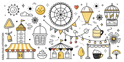 Whimsical carnival fun collection featuring ferris wheel stalls and festive decorations