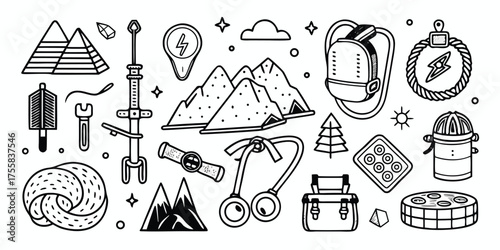 Outdoor adventure gear and symbols collection for camping hiking exploration and travel