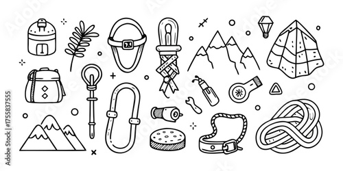 Drawn collection of outdoor adventure gear and mountain climbing equipment elements