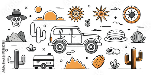 Desert adventure elements collection offroad vehicle cactus skull cowboy hat sun and more