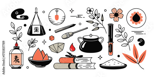 Elegant collection of japanese culinary and traditional elements hand-drawn style