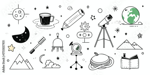 Whimsical doodle collection featuring astronomy space moon coffee and mountains collection