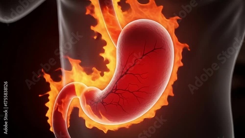 Fiery stomach animation showing heartburn and acid reflux creating digestive discomfort, a dynamic medical visualization for health and wellness campaigns