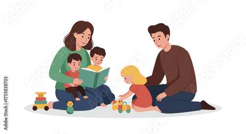 A family spends quality time together, reading a book and playing with toys.