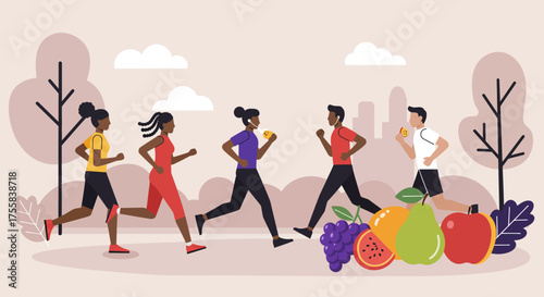 Illustration of people running and eating fruits, promoting healthy lifestyle and fitness.