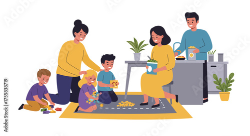 A family is spending time together at home, playing and enjoying each other's company.