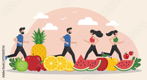 Illustration depicting people running for exercise, with various fruits arranged in the foreground, promoting healthy living.