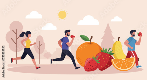 People running outdoors with fruits, promoting healthy lifestyle and fitness activities.