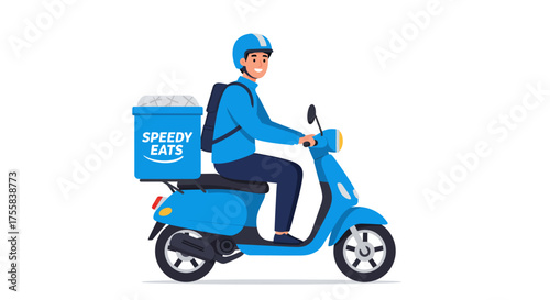 A delivery person on a scooter, wearing a helmet, carrying a food container, and smiling.