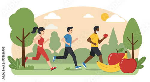 Illustration of people jogging in a park, promoting healthy lifestyle and diet.