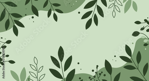 An artistic illustration featuring a light green background with various plant leaves and organic shapes.