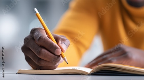 Focused person writing notes in book with pencil creative process and study session.
