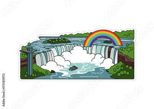 Illustrated travel sticker of a powerful horseshoe waterfall with a vibrant rainbow overhead and a small boat navigating the misty waters below