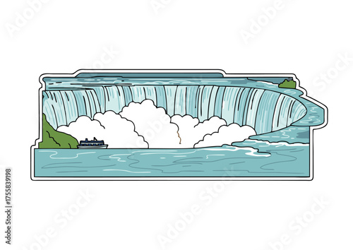 Panoramic line art illustration of a grand waterfall, featuring a tourist boat navigating the misty waters below the cascade