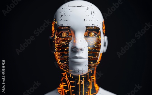 A futuristic humanoid robot with a face made of smooth material, displaying intricate circuitry and glowing lines, against a dark background.
