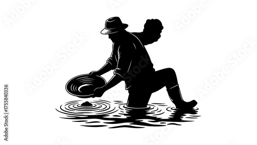 Canvas Print Gold prospector panning for gold with transparent background