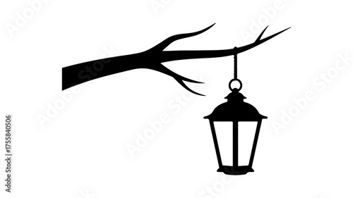 Hanging lantern on branch with transparent background