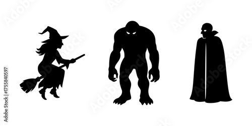 Zestaw sylwetek związanych z Halloween - wiedźma, potwór i wampir - ilustracja wektorowa
