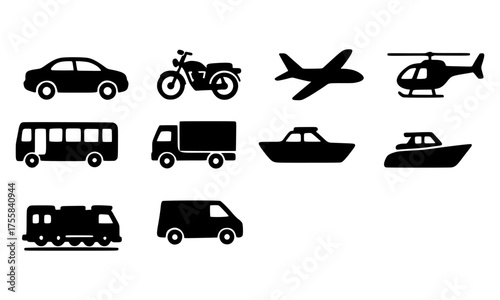 Diverse Transportation Icons Set Car, Motorcycle, Plane, Bus, Truck, Boat, and Helicopter