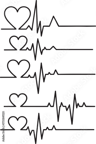Collection of five different heartbeat EKG pulse lines with an integrated heart shape symbol.