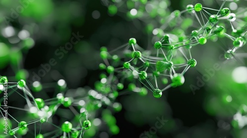 An abstract visualization of a green supply chain with connected nodes and green paths, a scene of eco-conscious business.