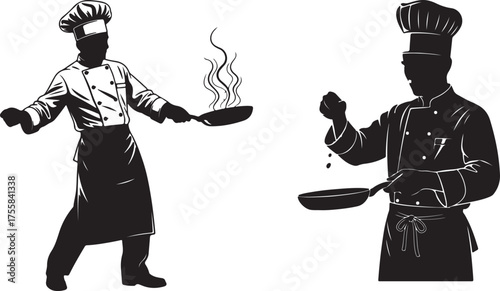 Vector illustration set of two professional chef silhouettes in action, cooking with frying pans, showcasing culinary skills and gourmet restaurant expertise