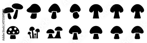 Mushroom icon set on white background. Collection of simple fungi shapes for nature, forest, and food concepts. Perfect for logos, labels, botanical, or cooking vector design use.