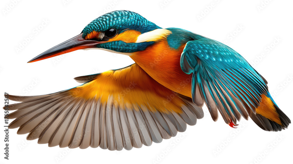 Fototapeta premium Kingfisher in Flight: A vibrant kingfisher with striking plumage soars through the air, its wings outstretched in a display of graceful flight. A stunning moment.