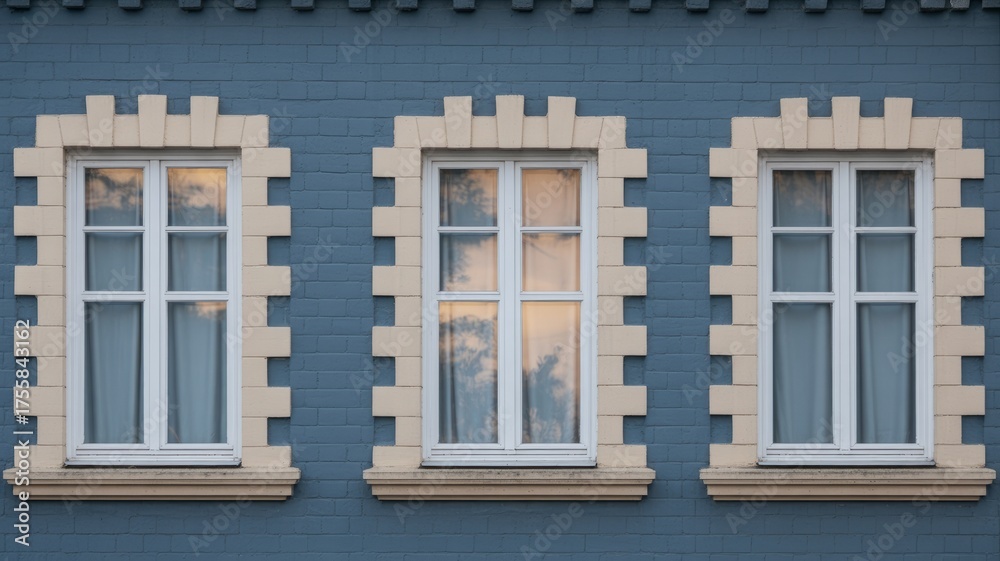 Obraz premium Three windows on blue brick building exterior architecture design and home improvement window replacement project ideas