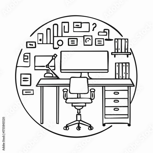 Collection of black and white line art icons depicting office desk setups and technology computer chair