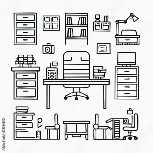 Collection of black and white line art icons depicting office desk setups and technology computer chair
