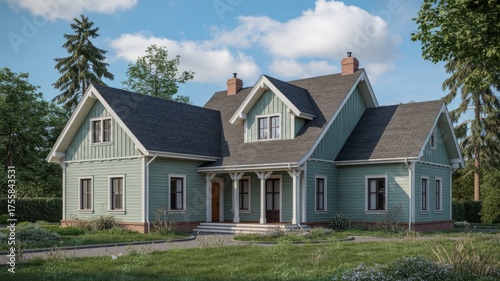 Wallpaper Mural Beautiful home exterior design with green siding and dark roof for real estate and architecture lovers Torontodigital.ca