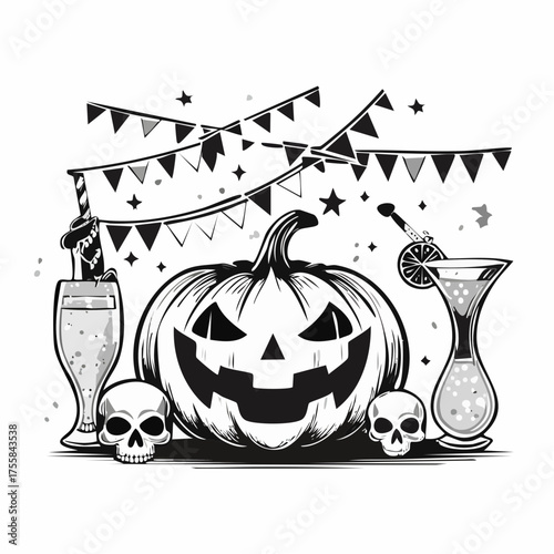 Halloween party icons with pumpkins ghost skull drinks and bunting symbols