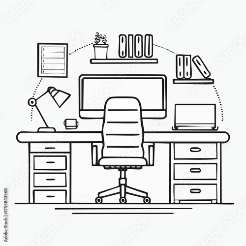 Collection of black and white line art icons depicting office desk setups and technology computer chair