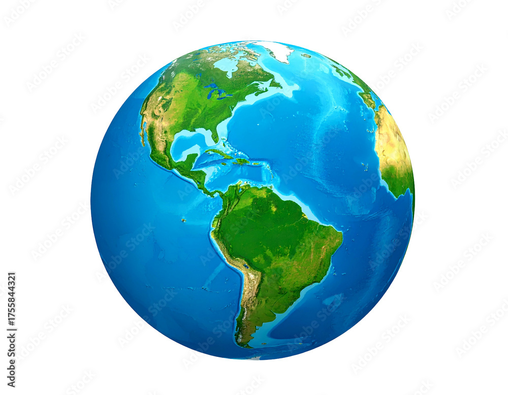 Fototapeta premium A vivid, brightly lit, 3D rendered view of planet Earth, emphasizing Americas