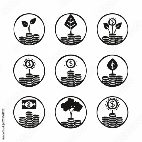 Collection of nine icons depicting money growth and trees investment finance