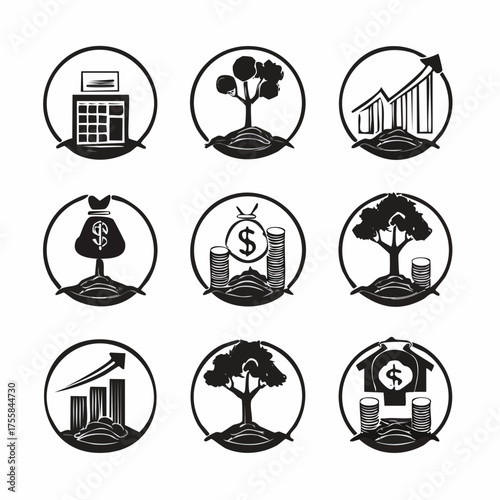 Collection of nine icons depicting money growth and trees investment finance