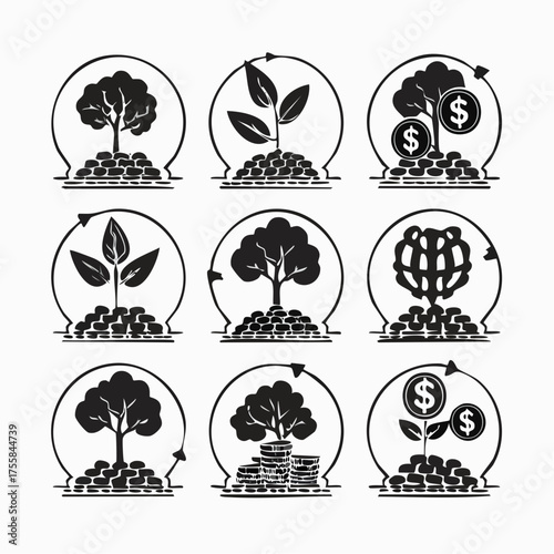 Collection of nine icons depicting money growth and trees investment finance