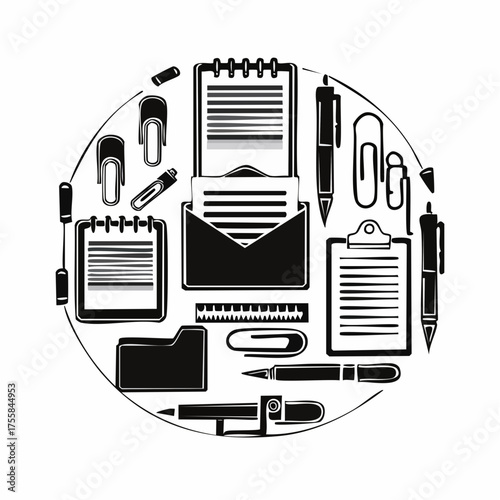 Collection of office supply icons including pen paperclip cutter printer and folder writing stationery