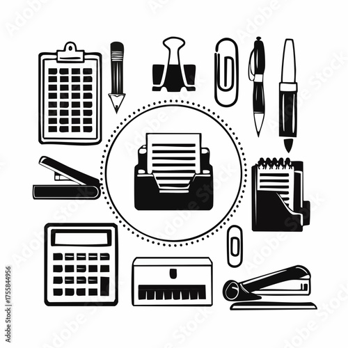 Collection of office supply icons including pen paperclip cutter printer and folder writing stationery