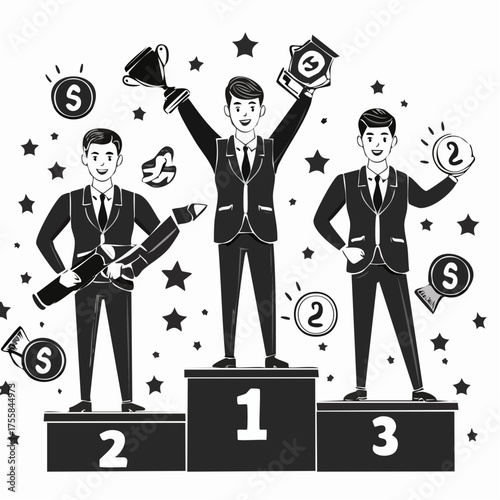 Collection of award and achievement icons trophy medals businessman and winners podium prize