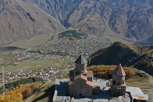 Aerial view of the Gergeti Trinity Church in Georgia