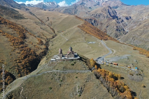 Aerial view of the Gergeti Trinity Church in Georgia