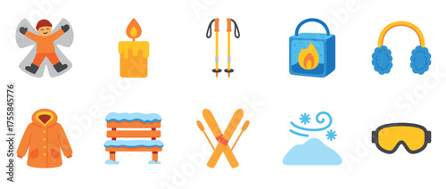 Winter activity and gear icons: skis, snowman, jacket, ear muffs, candles, poles, goggles