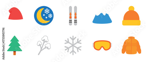 Winter sports icons: skiing equipment, snow, and winter gear symbols