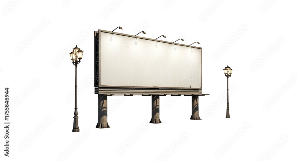Obraz premium Empty Outdoor Billboard with Vintage Street Lamps in Night Setting