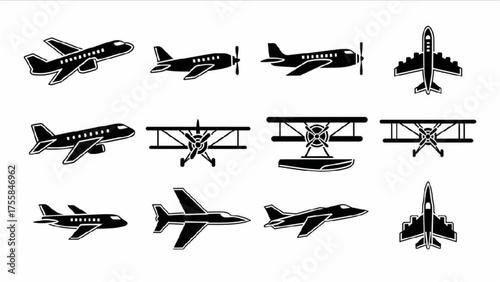 Collection of diverse airplane icons and aircraft silhouettes showcasing various aviation designs from different perspectives