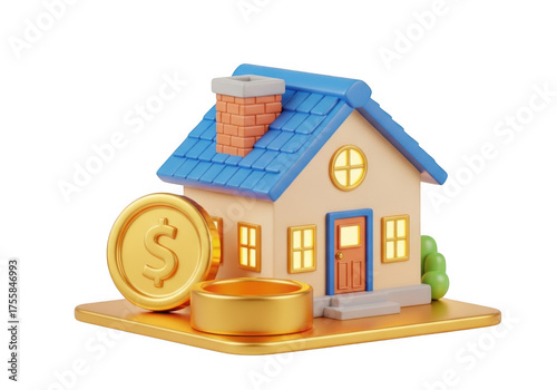 Golden coin and ring with miniature house symbolizing wealth and homeownership isolated on transparent background