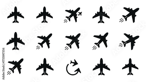 Collection of Airplane Icons Representing Travel and Aviation